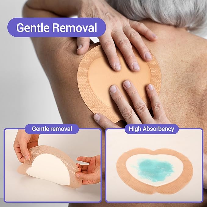 Silicone Sacrum Foam Dressing 7" x 7" with Border, High Absorbency Wound Bandage, Gentle Adhesion, Soft Breathable Bedsore Bandages for Sacral Ulcer, Pack of 5