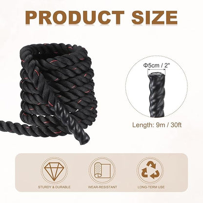 MECCANIXITY Battle Rope 30ft x 2 Inch Polyester Workout Rope Heavy Fitness Exercise Rope for Strength Training Home Gym Muscle Building, Black Red