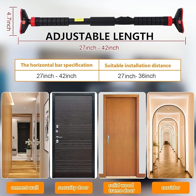 Adjustable Pull Up Bar for Doorway - 440LBS Weight Capacity, No Screws Installation with Level Meter and Auto Lock, Chin Up Bar for Home Gym Strength Training
