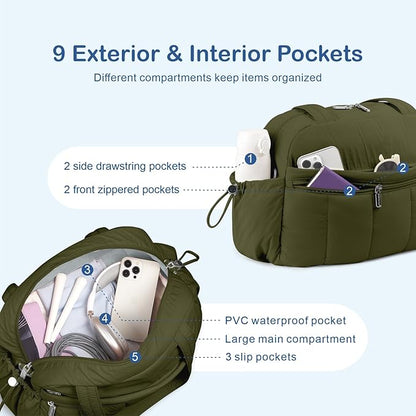 TOPDesign Travel Duffel Bag for Women, Puffer Gym Bag Sports Tote with Wet Pocket, Carry On Weekender with Luggage Sleeve (Dark Green)
