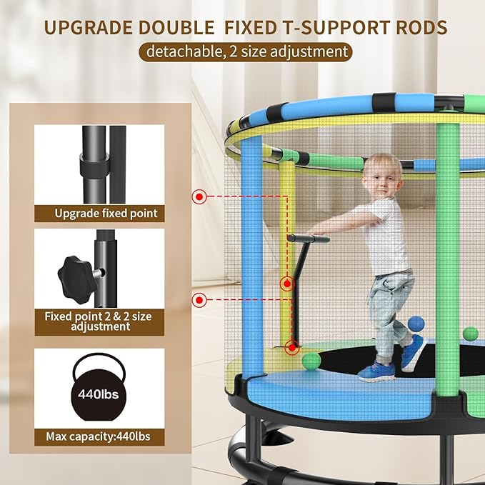 Trampoline for Kids, Full Anti-Rust 440lbs Anti-Rollover Round Bottom Toddler Trampoline, T-handrail Adjustable Baby Toddler Trampolines Dart Board