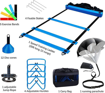 Agility Training Equipment, Football Training Equipment Includes 20FT Agility Ladder,4 Adjustable Agility Hurdles, 12 Football Cones, Parachute, for Training Soccer Basketball Athletes