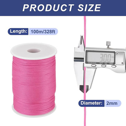 MECCANIXITY 1/12 Inch Polypropylene Rope Braided Ropes, 328ft Nylon Rope Hollow Utility Cord for Clothesline, Camping, Hiking, Outdoor, Pink