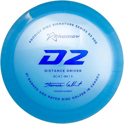Prodigy D2 500 Plastic - Thomas Gilbert 2022 Signature Series | Overstable Disc Golf Distance Driver | Great Grip in All Conditions | Designed for Strong Throwers | Colors May Vary (170-174g)
