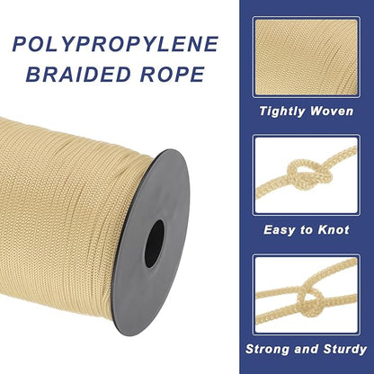 MECCANIXITY 1/8 Inch Polypropylene Rope Braided Ropes, 328ft Nylon Rope Hollow Utility Cord for Clothesline, Camping, Hiking, Outdoor, Khaki