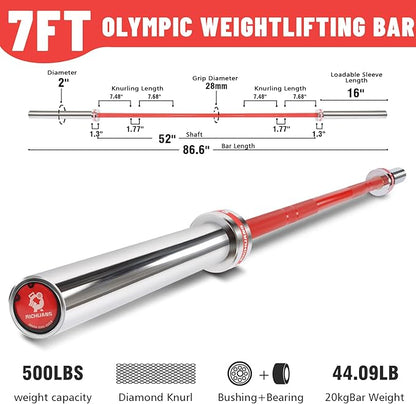 7ft Olympic Barbell, Weightlifting Barbell 28mm 45lb - 500/700/1000lbs Capacity with Smooth Spinning Sleeves, Olympic Bar Fits 2" Olympic Plates, for Snatch Clean Jerk - Home Gym Training