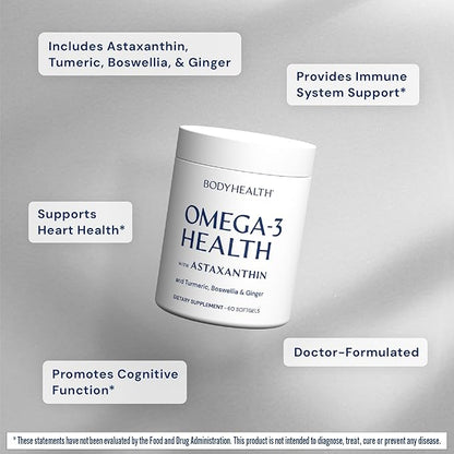 BodyHealth Omega 3 Health, Fish Oil Supplement for Women and Men, Heart and Brain Health, Fish Oil Pills, Fatty Acid Supplements, Omega 3 Vitamins - 60 Soft Gels