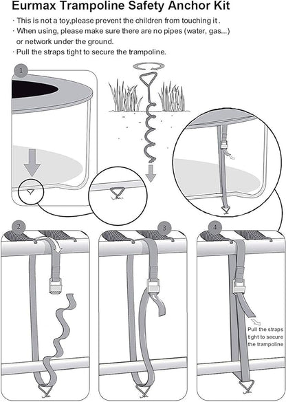 Eurmax USA Trampoline Stakes Heavy Duty Trampoline Parts Corkscrew Shape Steel Stakes Anchor Kit with T Hook for Trampolines -Set of 4 Bonus 4 Strong Belt,Black