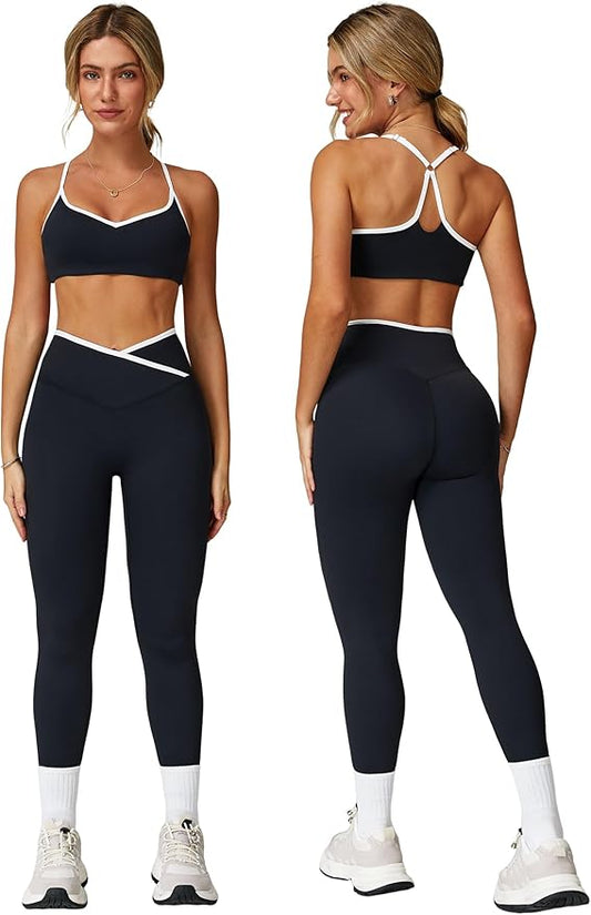 ABOCIW Workout Sets for Women 2 Piece Color Block Strappy Sports Bra High Waist Leggings Gym Yoga Pilates Outfits