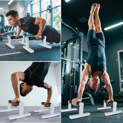 1 Pair Wooden Parallettes Push Up Bars for Men, Strength Training Pushup Stands Handles for Home Calisthenics, Fitness, Floor Workouts Solid Wood with White Metal Bracket - Support 500 lbs