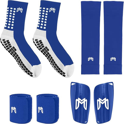 Soccer Grip Socks, Shin Guards, Pre Cut Sock Sleeves, and Guard Straps Bundle Pack - Essential Equipment for Soccer Players - for Mens, Women, Youth, Size 7 to 12 US Men Shoe Size