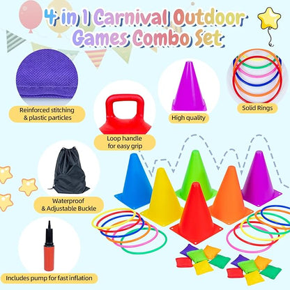 35PCS 4 in 1 Carnival Outdoor Games Combo Set for Kids, Soft Plastic Cones Bean Bags Ring Toss Game, Activity Agility Set with 2 PCS 18" Hopper Balls, Birthday Party Yard Lawn Games