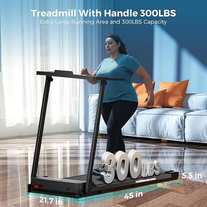Treadmill with Handles, 2025 Upgraded Small Treadmills Home, Portable Electric Treadmills for Home 300 lbs Capacity,Walking Pad Treadmill,Lightweight Folding Foldable Walking Pad with LED Display