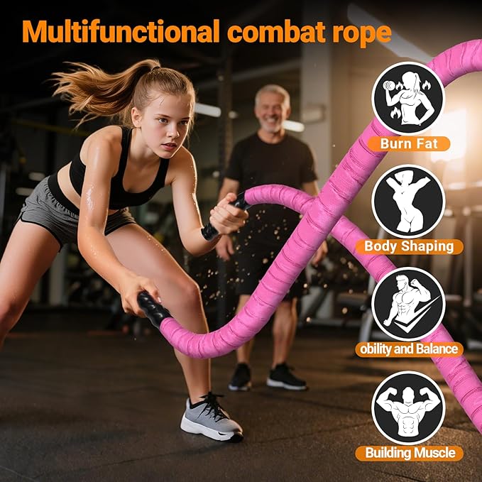 Battle Rope 1/1.26/1.5/2 Inch Diameter,Pink 30FT/40FT/50FT Exercise Workout Ropes for Home Gym Heavy Weighted Training Rope for Working Out