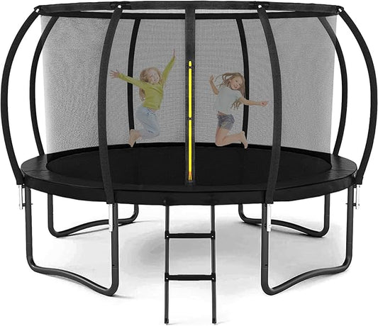 Trampoline 12FT 14FT 15FT 16FT for Kids/Adults - Outdoor Recreational with Enclosure Net Curved Poles and Ladder, Heavy Duty Anti-Rust Coating, ASTM Approval
