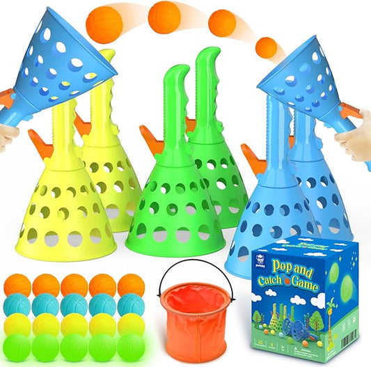 punkdog Pop and Catch Ball Game with 15 Ping Pong Balls, 5 Glow Balls and 6 Catch Launcher Baskets