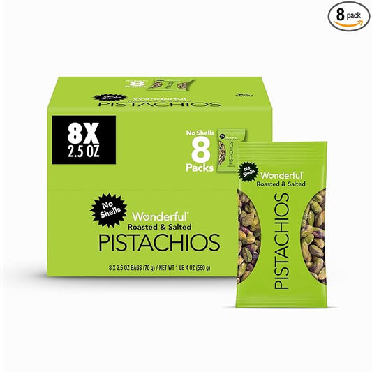 Wonderful Pistachios No Shells, Roasted and salted Nuts, 2.5 Ounce Bag (Pack of 8), Protein Snack