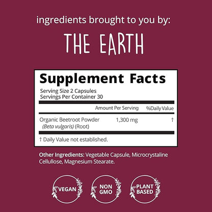 Organic Beet Root Capsules [1,300mg Superfood] ??Blood Pressure Support, Nitric Oxide Supplements for Men & Women, Flow & Circulation | Beetroot Powder, Antioxidant, Brain Food | Vegan, 60 Ct