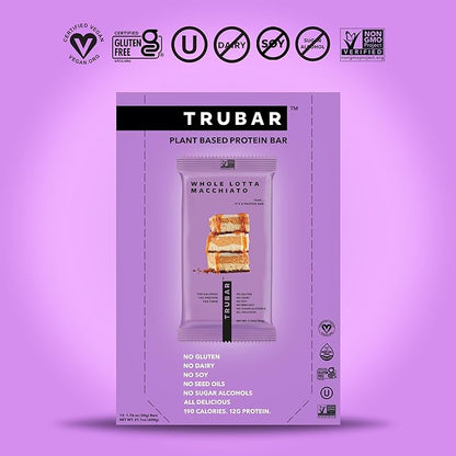 TRUBAR Vegan Protein Bar, Whole Lotta Macchiato, Gluten Free, Plant Based Protein, Dairy Free, Non GMO, Soy Free, No Sugar Alcohols, 12G Protein, 12G Fiber, 23G Carb, On the Go Snack Bars, 12 CT