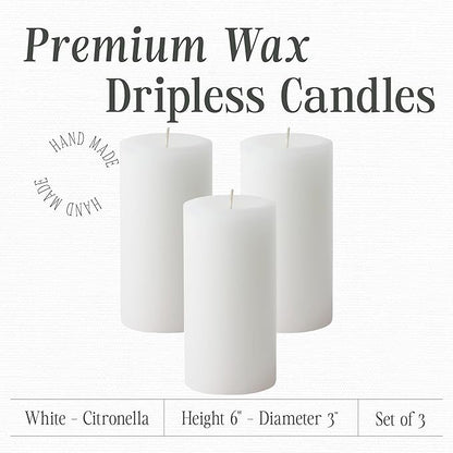 Mister Candle Citronella Candles, Ideal for Outdoor & Indoor, 3x6 Pillar Candles Set of 3, Hand Poured White, Premium Wax & Dripless, 60 Hour Burn Time