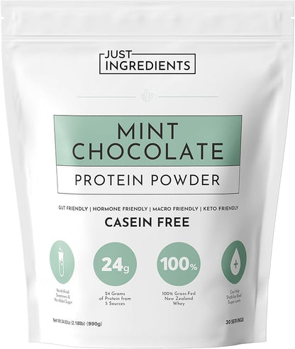 JUST INGREDIENTS Mint Chocolate Protein Powder ??30 Serving Bag ??Grass-Fed Whey & Plant Protein Blend with Real Cocoa & Peppermint ?“Sweetened, Non-GMO, Gluten-Free, No Artificial Flavors