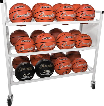 Champion Sports Deluxe Heavy Duty Basketball Storage Cart with Locking Swivel Caster Wheels (Black)