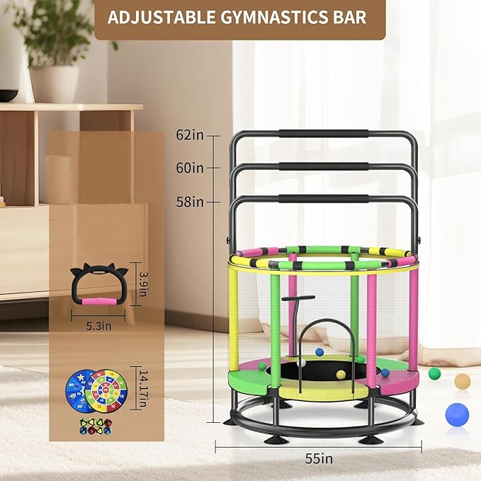 Trampoline for Kids, Full Anti-Rust 440lbs Anti-Rollover Round Bottom Toddler Trampoline, T-handrail Adjustable Baby Toddler Trampolines Dart Board