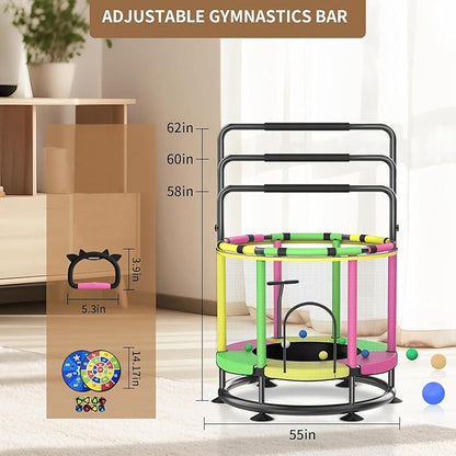 Trampoline for Kids, Full Anti-Rust 440lbs Anti-Rollover Round Bottom Toddler Trampoline, T-handrail Adjustable Baby Toddler Trampolines Dart Board