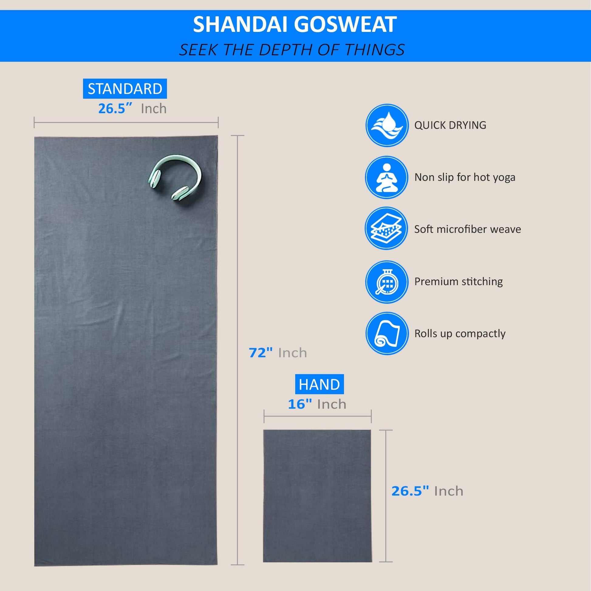 Shandali Hot Yoga Towel - Suede - 100% Microfiber, Super Absorbent, Bikram Yoga Mat Towel
