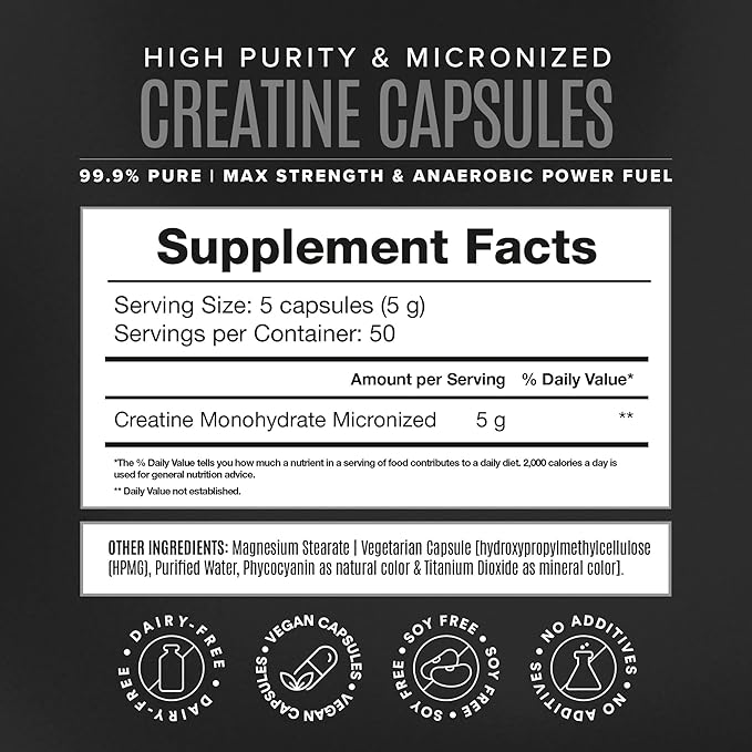 Micronized Creatine Monohydrate Capsules for Muscle Growth & Recovery, Pre & Post Workout, Vegan Creatine, Caffeine Free, Gluten Free, Sugar Free | 50 Servings | 250 Capsules