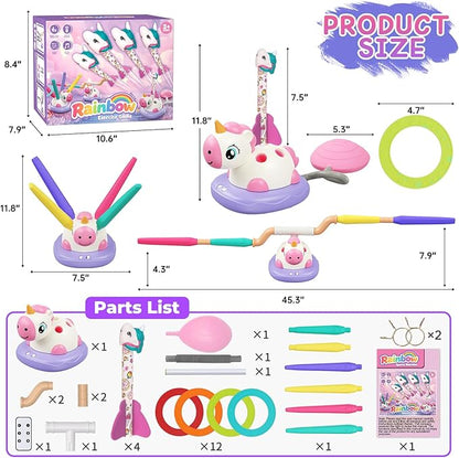 3-in-1 Outdoor Toys for Kids Ages 3-8, Unicorn Rocket Launcher, Ring Toss & Musical Jump - Backyard Indoor Active Play Set for Boys Girls, STEM Learning Toys Birthday Gift for 3 4 5 6 7 8 Years Old