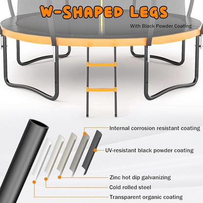 Trampoline 12FT 14FT 15FT 16FT for Kids/Adults - Outdoor Recreational with Enclosure Net Curved Poles and Ladder, Heavy Duty Anti-Rust Coating, ASTM Approval