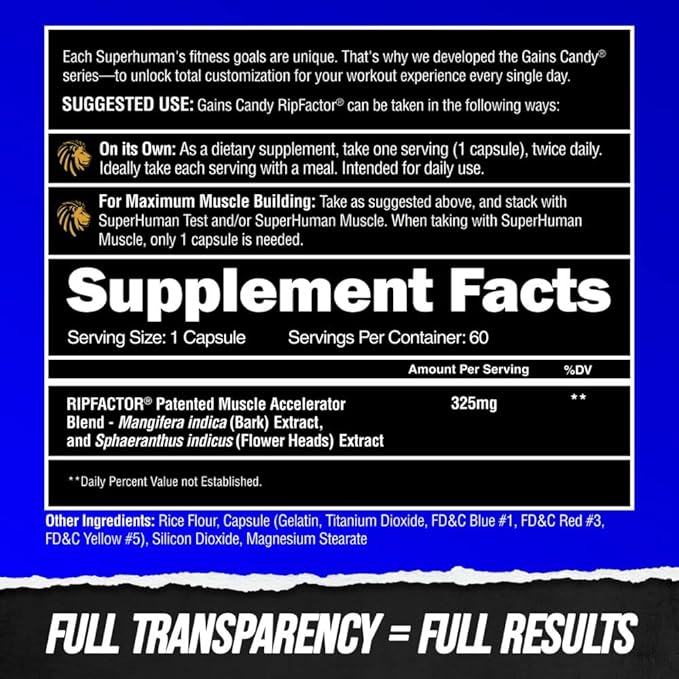 ALPHA LION Gains Candy, Supplement Pills for Muscle Growth, Size, & Strength, Nitric Oxide Booster, Muscle Builder, Use Daily to Upgrade Energy & Workout Performance, 60 Capsules (RipFACTOR®)