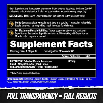 ALPHA LION Gains Candy, Supplement Pills for Muscle Growth, Size, & Strength, Nitric Oxide Booster, Muscle Builder, Use Daily to Upgrade Energy & Workout Performance, 60 Capsules (RipFACTOR®)
