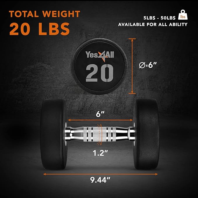 Yes4All Urethane Dumbbell with Anti-Slip Knurled Handle 5-50 LB for Muscle Building - Sold Individually