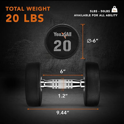 Yes4All Urethane Dumbbell with Anti-Slip Knurled Handle 5-50 LB for Muscle Building - Sold Individually