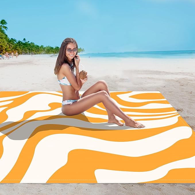 110''×118'' Extra Large Waterproof Sandproof Beach Blanket 8 Adults, Sand Free Outdoor Beach Mat with 4 Stakes & Pockets, Big Compact Picnic Blanket, Essential for Travel, Camping, Summer Vocation