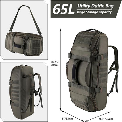 65L Large Duffle Bag, 3-in-1 Tactical Backpack MOLLE Pack for Sports, Gym, Outdoor, Olive Green