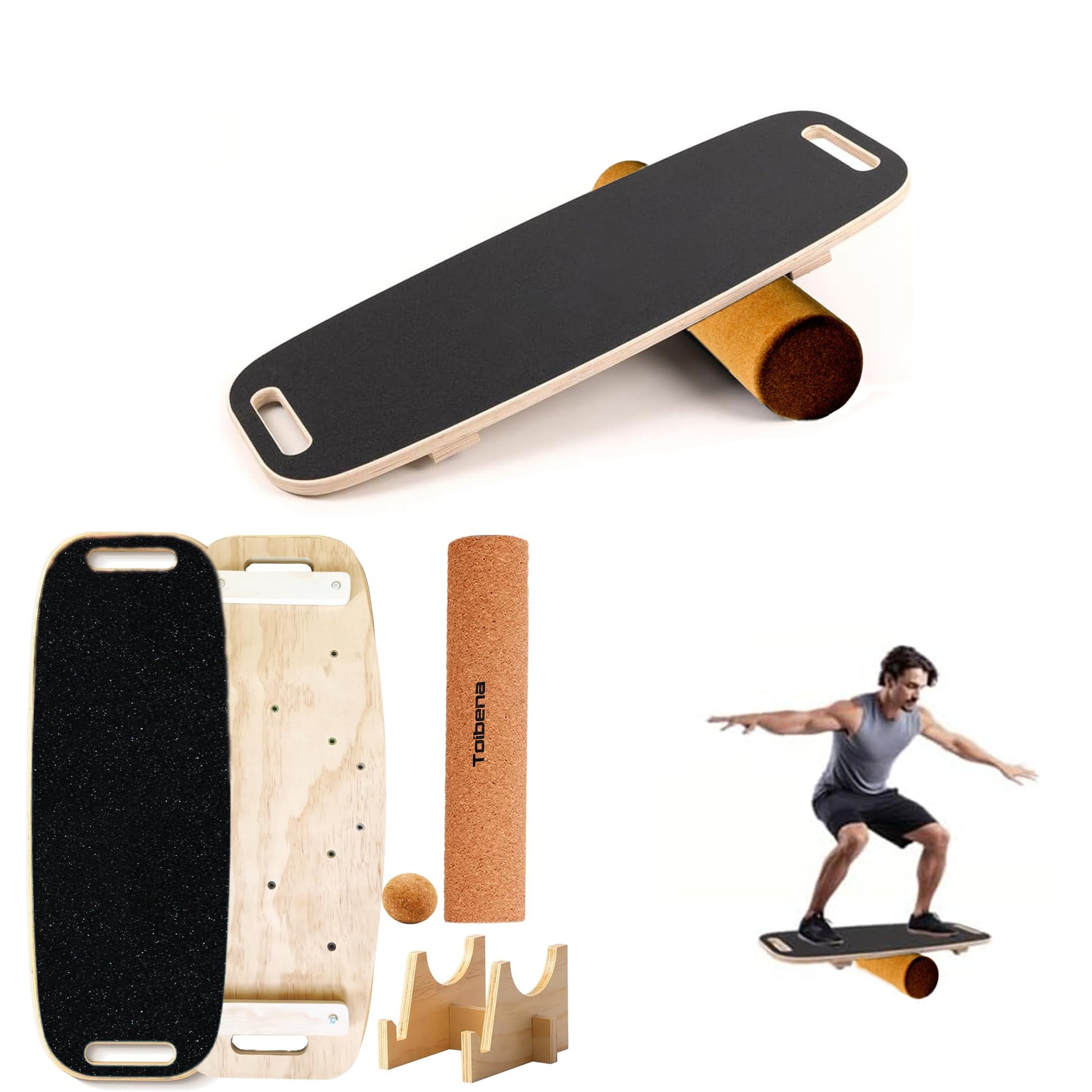 Toibena Balance Board Wooden &8 modes Trainer with Cork Roller Load 350Lbs