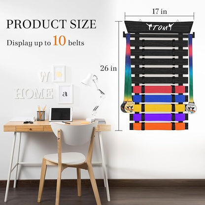 10 Belts Karate Belt Display Rack with Stickers, Taekwondo Belt Display, Martial Arts Belt Display Holder, Jiu Jitsu BJJ Belt Display Hanging Holder for Kids and Adults Gifts