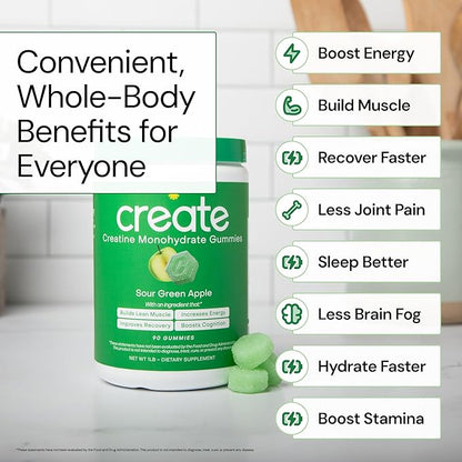 Creatine Monohydrate Gummies for Men & Women - Boost Focus, Strength, and Endurance, Anti-Melting Formula, Vegan, Gluten-Free, Non-GMO, 1.5 Gram Creatine per Gummy (Sour Green Apple, 90 ct)