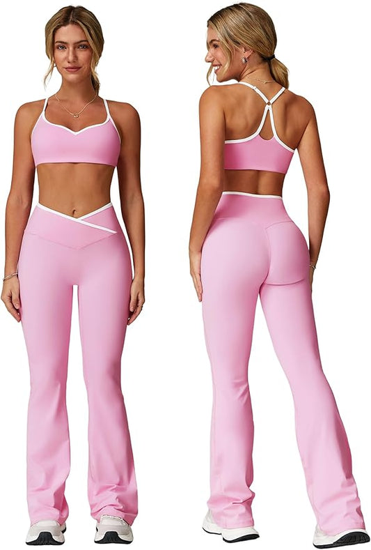 ABOCIW Workout Sets for Women 2 Piece Color Block Strappy Sports Bra High Waist Leggings Gym Yoga Pilates Outfits