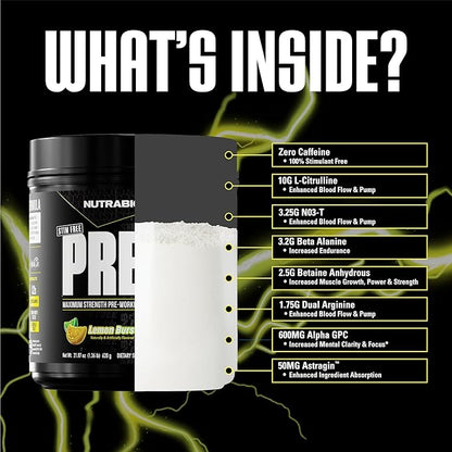NutraBio STIM-Free PRE Workout for Men, New Formula | Laser Focus, Extreme Pumps | Performance, Endurance | 10g Citrulline, Beta Alanine, Nitrates, Nootropics, Electrolytes - 20 Servings Lemon Burst
