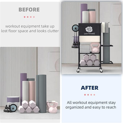 Yoga Mat Storage Rack，Home Gym Storage Rack Gym Workout Equipment Storage Organizer Fitness Weight Rack on Wheels for Yoga Mat,Yoga Block,Foam Roller,Resistance Band,Dumbbell,Kettlebell and Other Workout Accessories