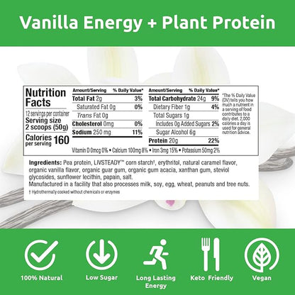 UCAN Energy + Plant Protein Powder - Vegan Plant Based Protein 20g Pea Protein with Amino Acids EAAs & BCCAs - Keto Protein Powder - No Added Sugar, Gluten-Free - Vanilla - 12 Servings