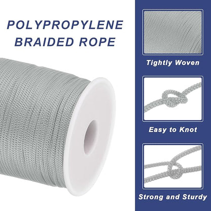 MECCANIXITY 1/12 Inch Polypropylene Rope Braided Ropes, 328ft Nylon Rope Hollow Utility Cord for Clothesline, Camping, Hiking, Outdoor, Light Grey