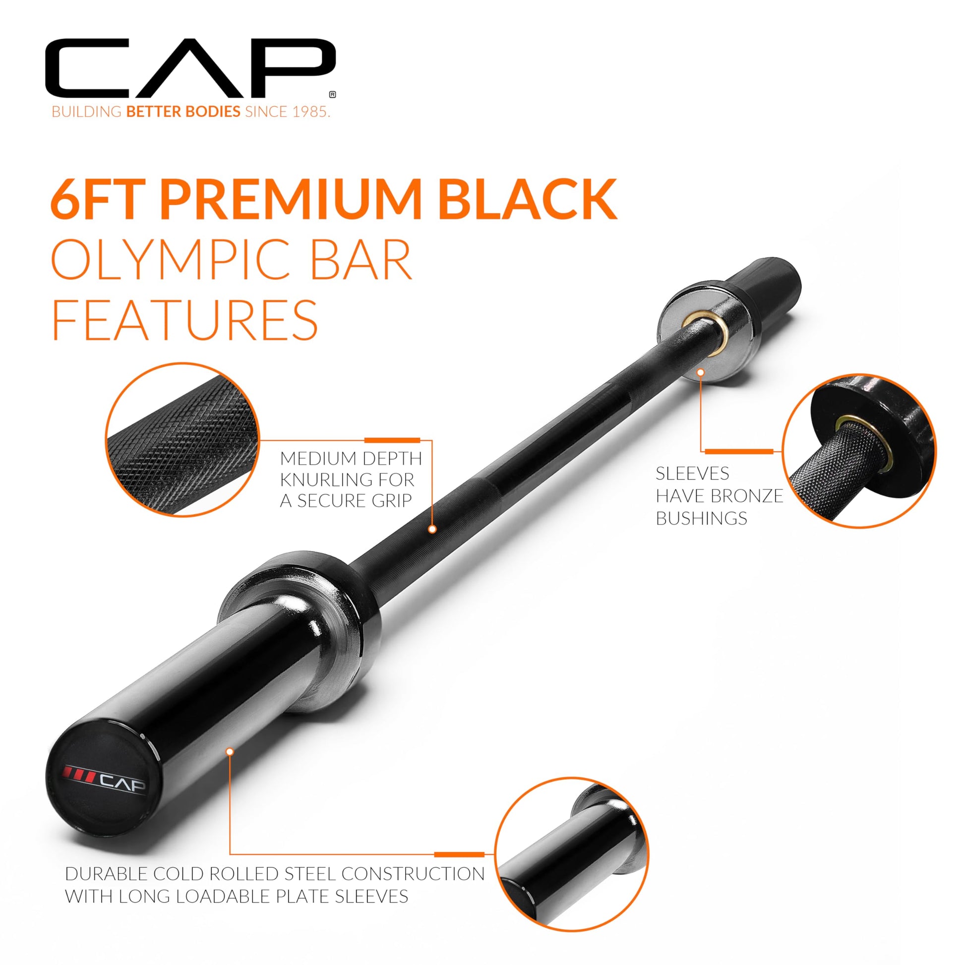CAP 24lb 6ft Olympic Barbell, Black, Strength Training