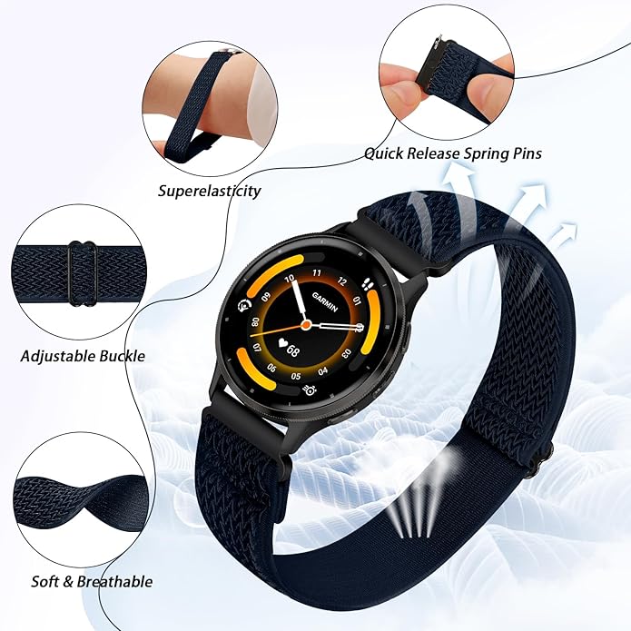 2 Pack Elastic Ankle/Arm Watch Bands Compatible with Garmin Venu 3/Venu 2/Vivoactive 4, Garmin Forerunner 570 47mm/265/255/255 Music, 22mm Sport Nylon Replacement Strap for Amazfit GTR 4/3/2