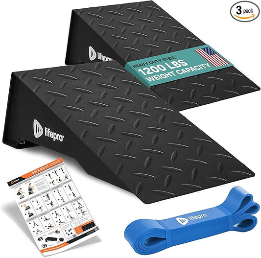Lifepro 2pcs Metal Squat Wedge Block Non-Slip Squat Wedge with Resistance Band, Slant Board 1200 lbs Calf Stretcher Elevated Squat Tool for Squat and Stretching Exercises (Regular 11.8")