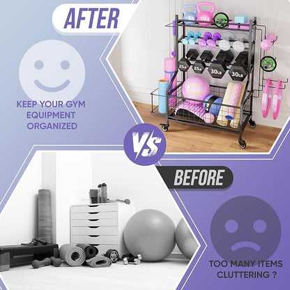 WUC Adjustable Dumbbell Rack, Weight Rack for Home Gym Storage, All-in-One Workout Equipment Storage with Wheels and Hooks for Dumbbells, Kettlebells, Yoga Mats & Balls, Durable Powder Coated Steel